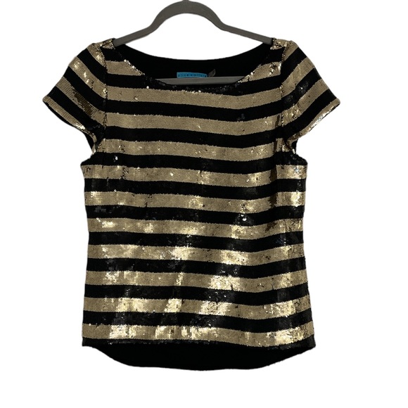 Alice + Olivia Tops - Alice + Olivia Black and Gold Silk Sequin Top